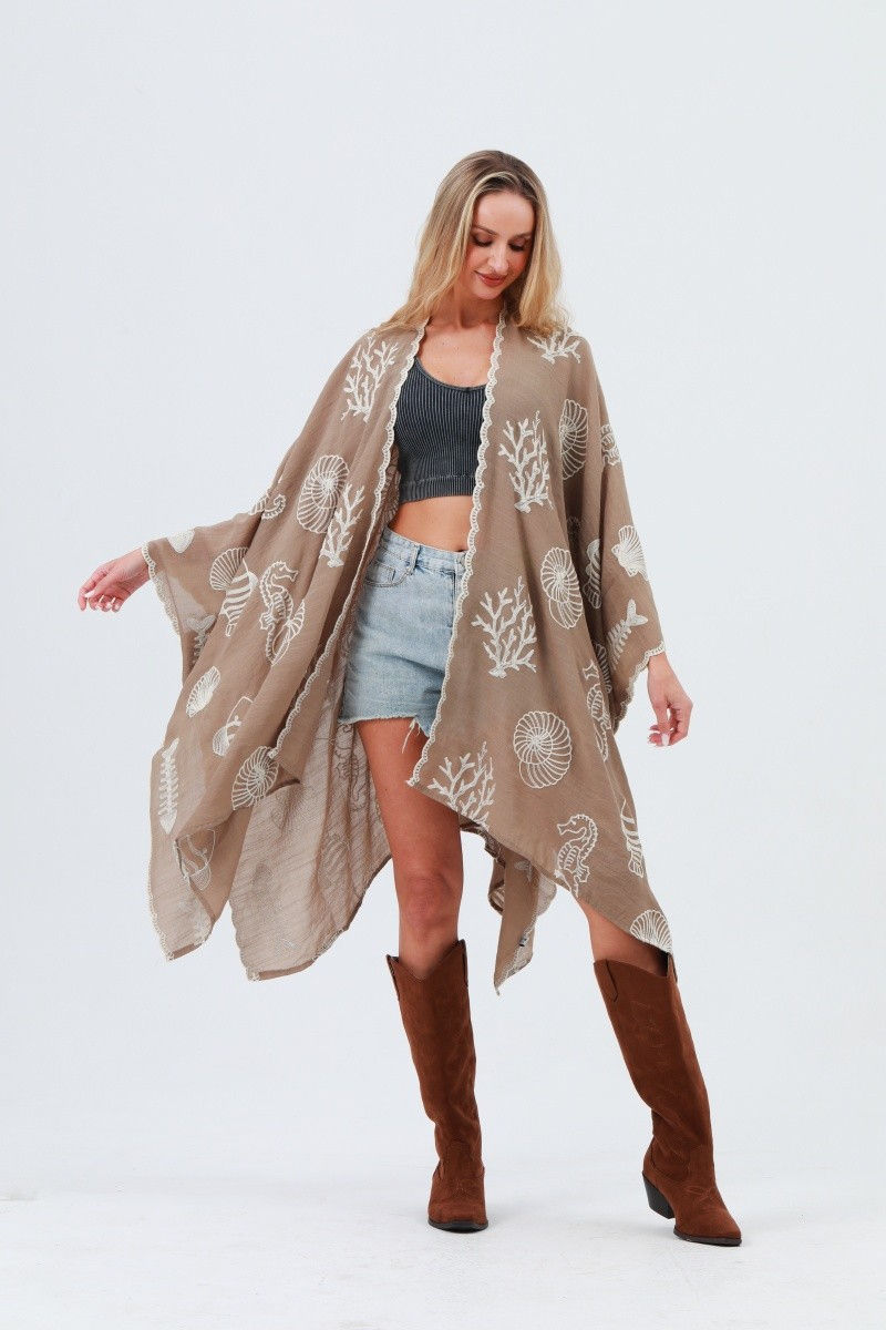 Thumbnail: UNDER THE SEA EMBROIDERED KIMONO - MOCHA