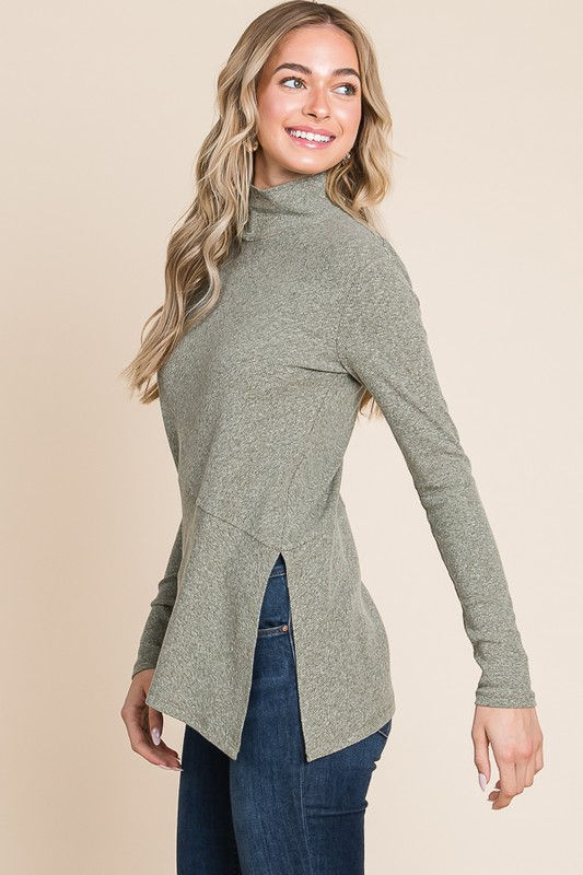 Thumbnail: MOCK NECK ASYMMETRICAL LONG SLEEVE TOP - OLIVE