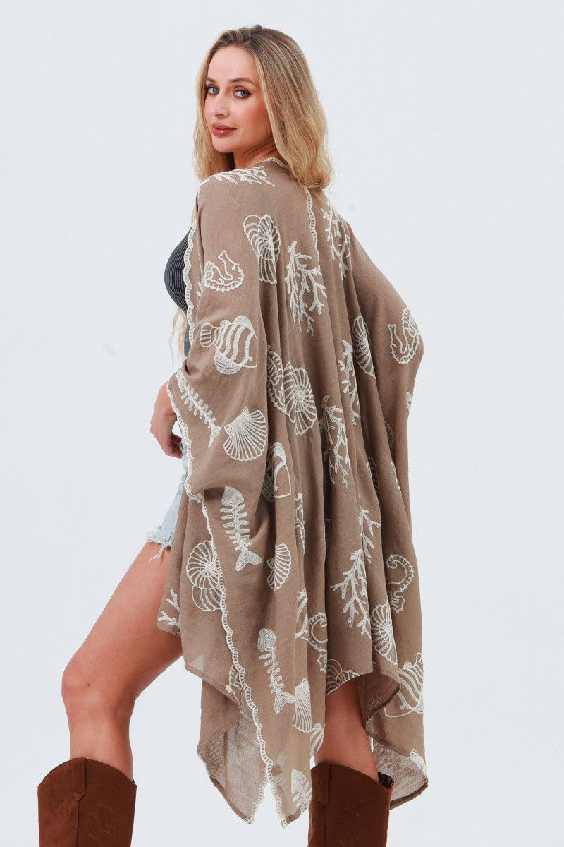 Thumbnail: UNDER THE SEA EMBROIDERED KIMONO - MOCHA