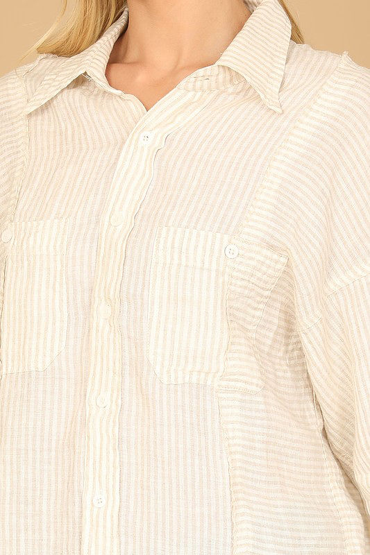 Thumbnail: BUTTON DOWN LONG SLEEVE LINEN TOP - KHAKI