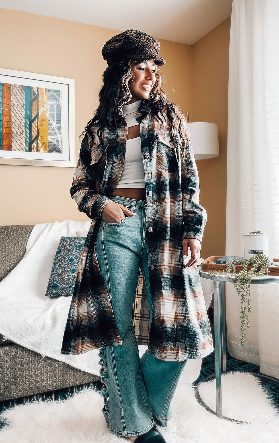 Thumbnail: TAKE A CHANCE MIXED PLAID LONGLINE SHACKET - TAN