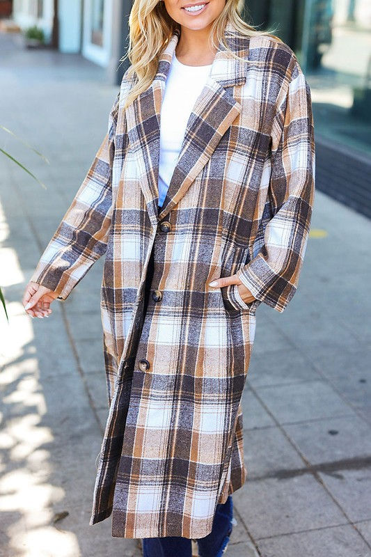 Thumbnail: PLAID BUTTON DOWN DUSTER JACKET - MOCHA