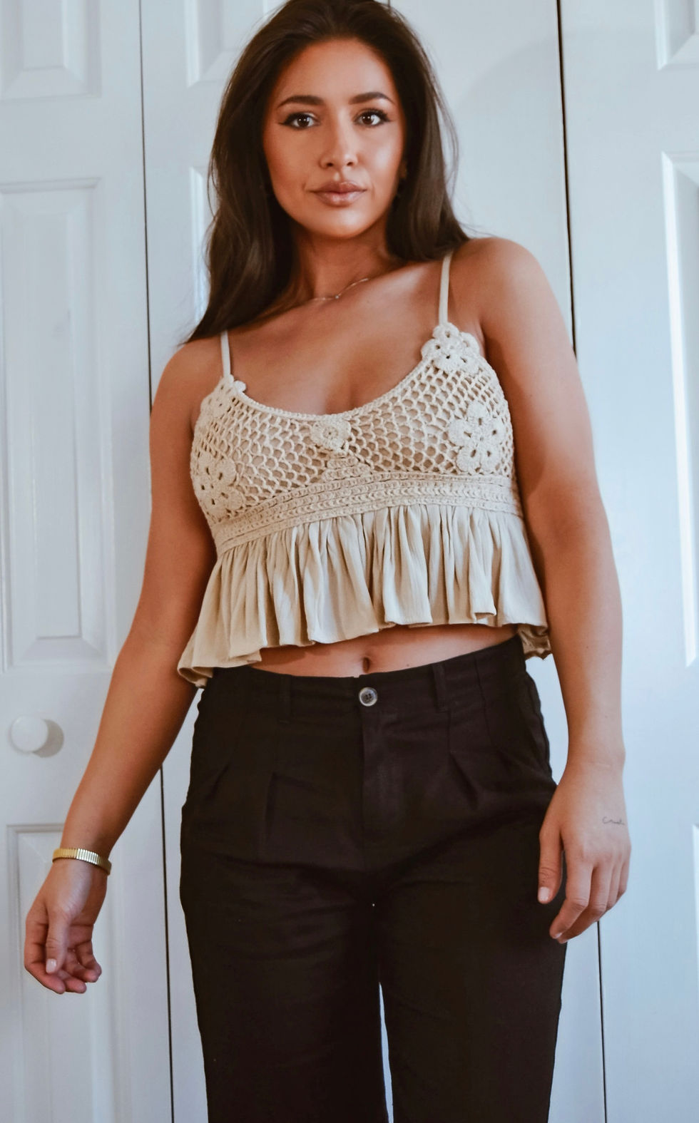 Thumbnail: LACE KNIT CROPPED TANK - KHAKI