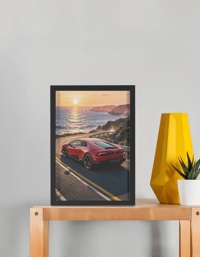 Red Sports Car Coastal Highway Sunset - Luxury Car Framed Wall Art