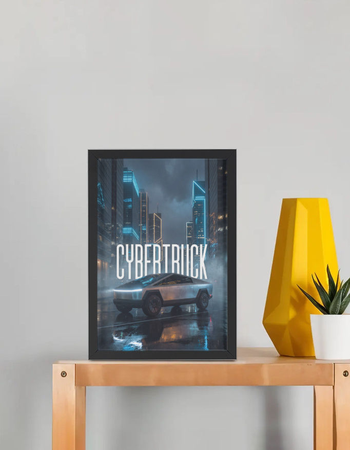 Cybertruck Neon City Framed Poster | Futuristic EV Wall Art