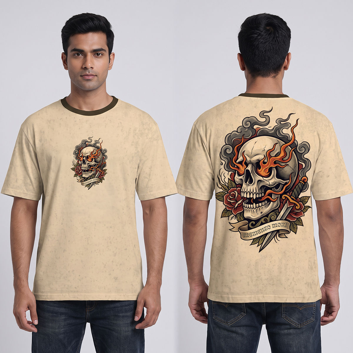 Memento Mori Oversized All Over Print T-Shirt | Skull Back Print Graphic Tee