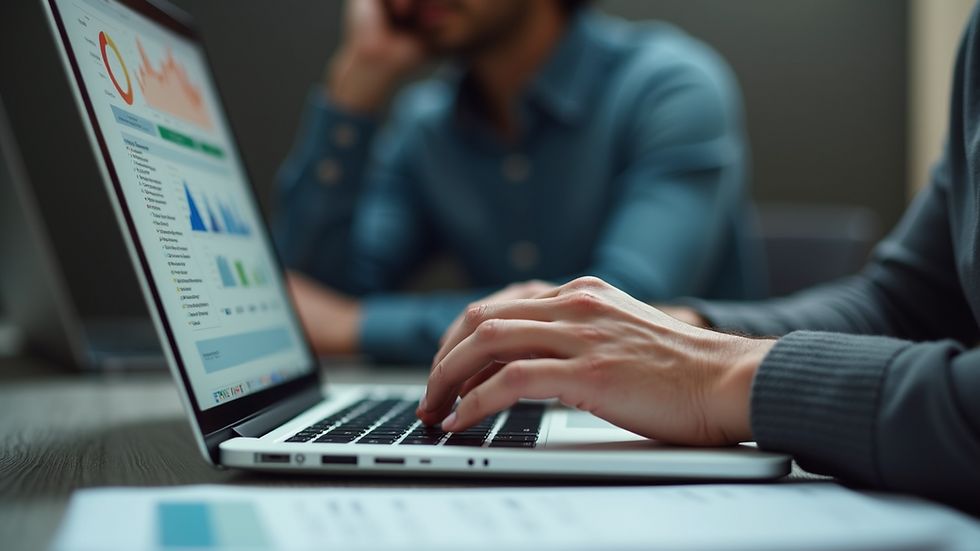 Eye-level view of a person using a laptop while brainstorming digital marketing strategies