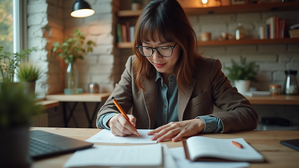 Eye-level view of a person creating content in a cozy workspace