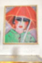S.ELIA, Femme avec un ciré vert et un parapluie rouge, oeuvre d'art beziers