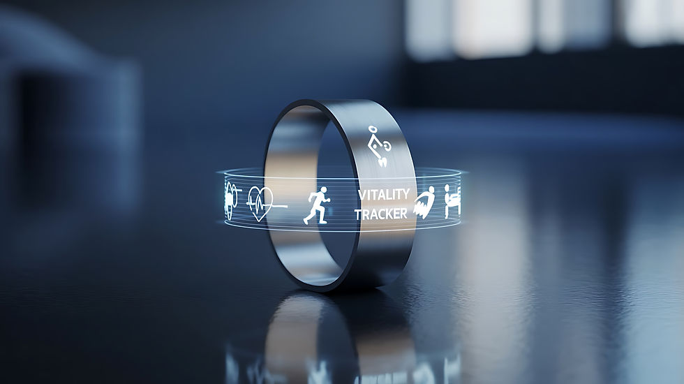 Sleek metal ring with holographic icons, including running and heart rate, labeled "Vitality Tracker" on a reflective dark surface.