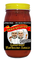 glass jar of Two Fat Guys gluten free BBQ Sauce with yellow lid