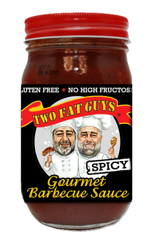 glass jar of Two Fat Guys gluten free Spicy BBQ sauce with red lid