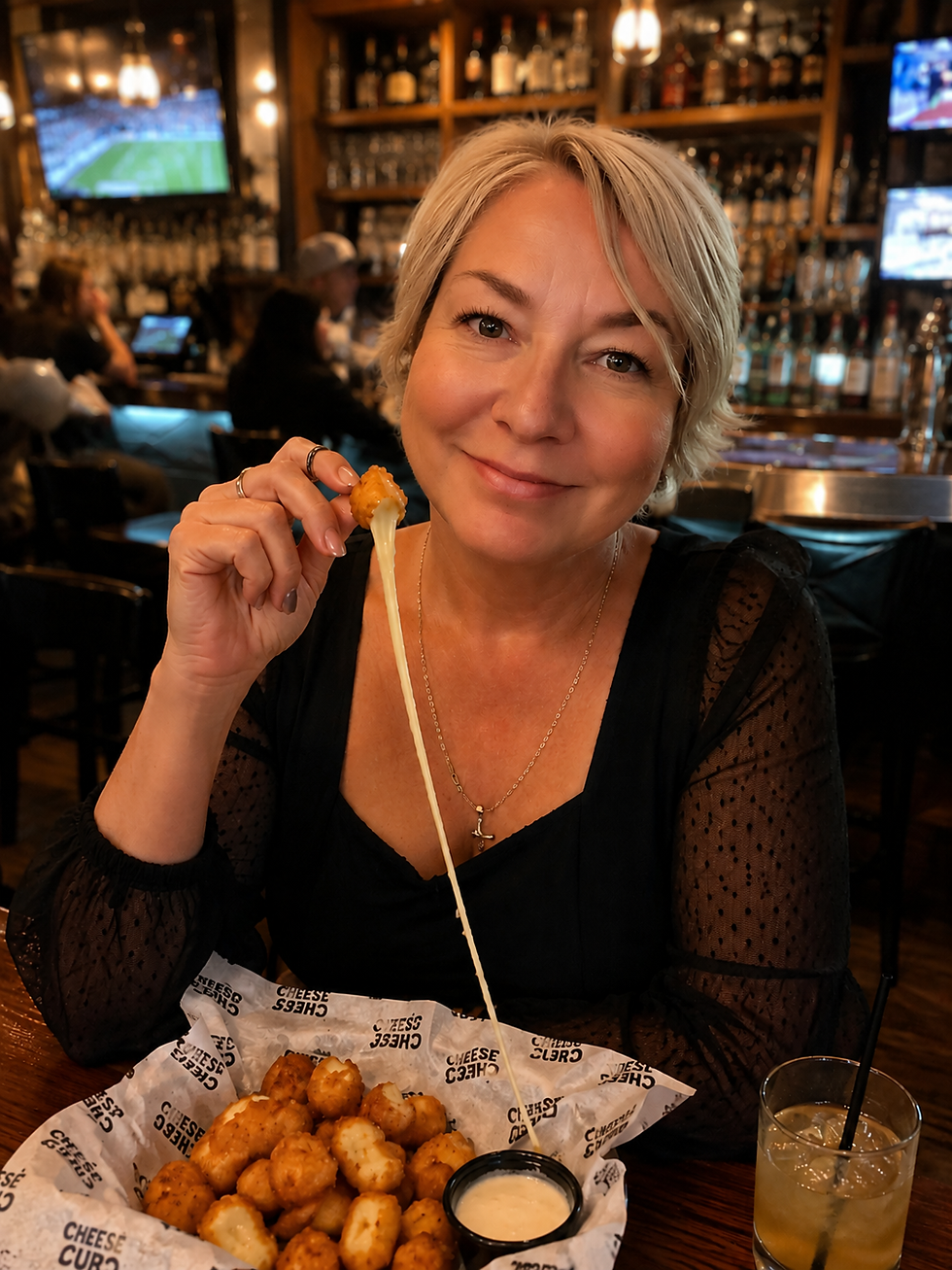 Woman showing a cheese pull from Cheese Curd Chronicles.
