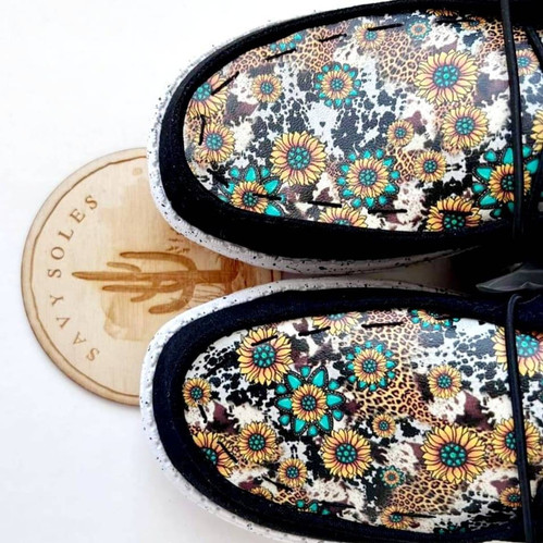 Cow print with Turquoise Sunflower leopard cheetah print hey dudes