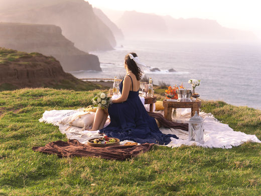 Luxury picnic in Madeira by the ocean - romantic proposal setup with sea view
