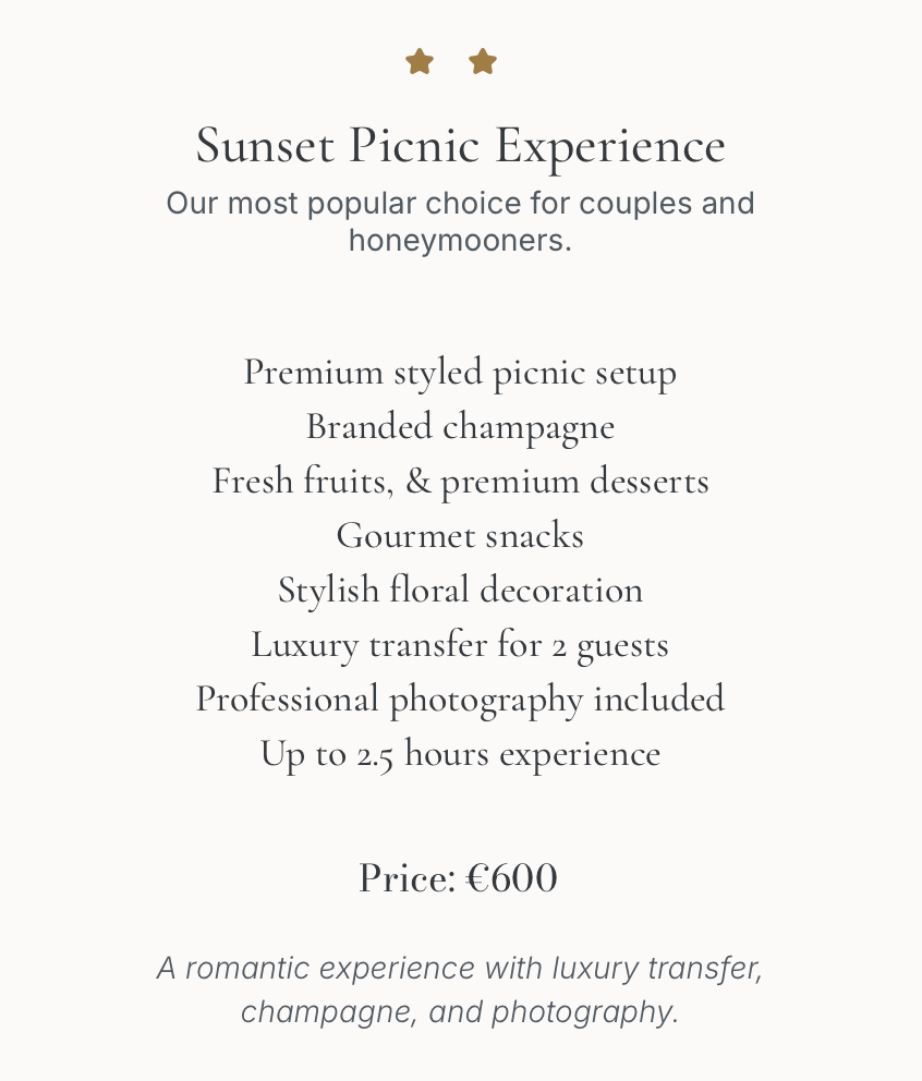 Sunset Picnic Experience Package in Madeira with champagne and luxury setup
