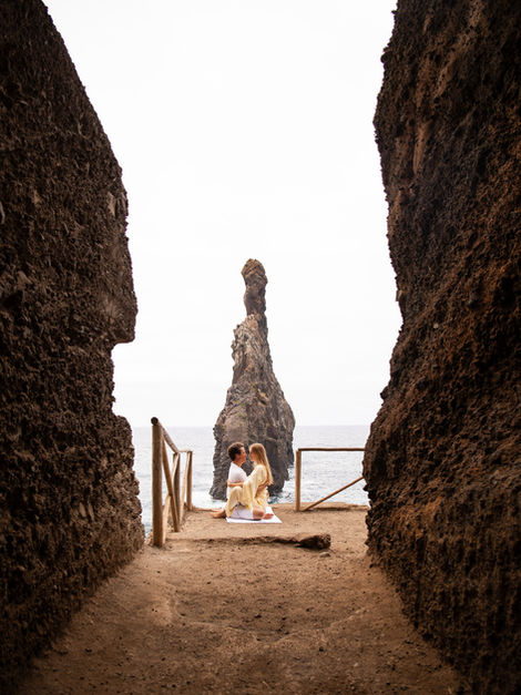 Couple photography at Ribeira da Janela in Madeira with iconic sea stacks and dramatic landscapes