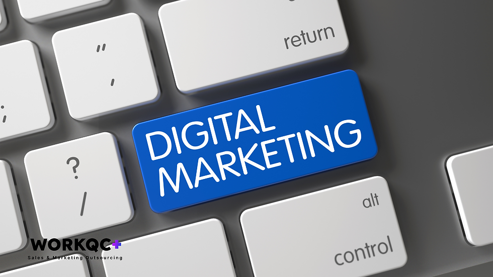 A keyboard with a blue button that says digital marketing