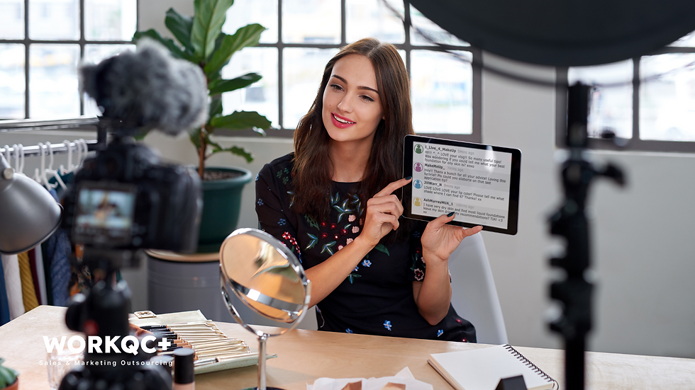 A woman holding an ipad while facing a camera for digital marketing
