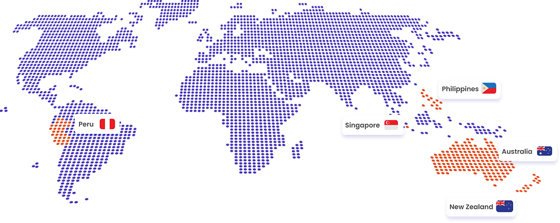 World Map highlighting Australia, Philippines, Singapore, New Zealand, and Peru