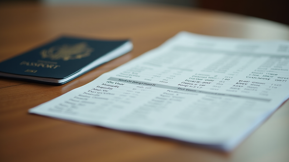 Close-up view of a printed travel itinerary and passport on a wooden table