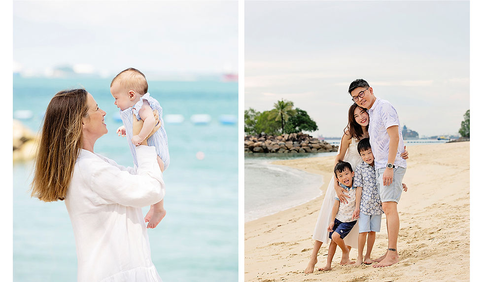 Two Sentosa Beach family photographs: a mother lifting her baby beside the sea, and a family of four sharing a playful moment on the sand