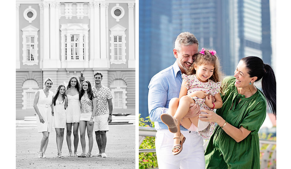 Two Singapore family photographs: a black-and-white family portrait in front of elegant Fullerton architecture, and parents sharing a playful moment with their young daughter beside the waterfront