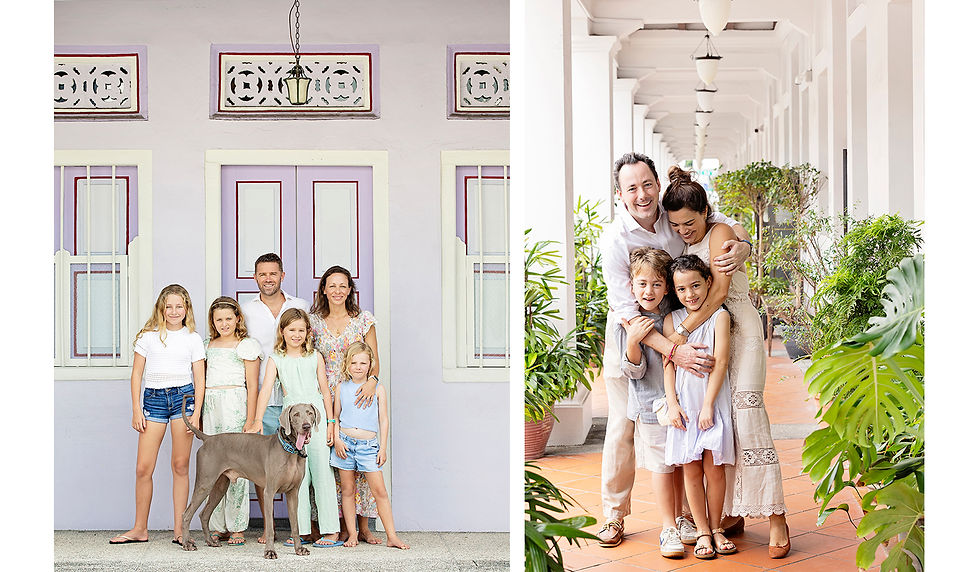 Two Joo Chiat family portraits: a family with their dog outside a pastel heritage home, and parents embracing their children beneath a covered shophouse walkway