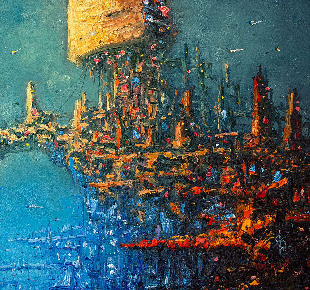 Détail Peinture à l'huile de Damien voindrot art - Artiste Français - paysage cyclopéen - Cosmique - science fiction