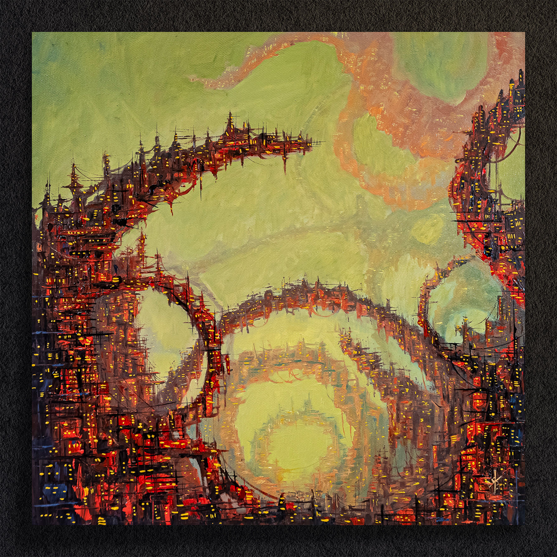 Peinture à l'huile de Damien voindrot art - Artiste Français - paysage cyclopéen - Cosmique - science fiction