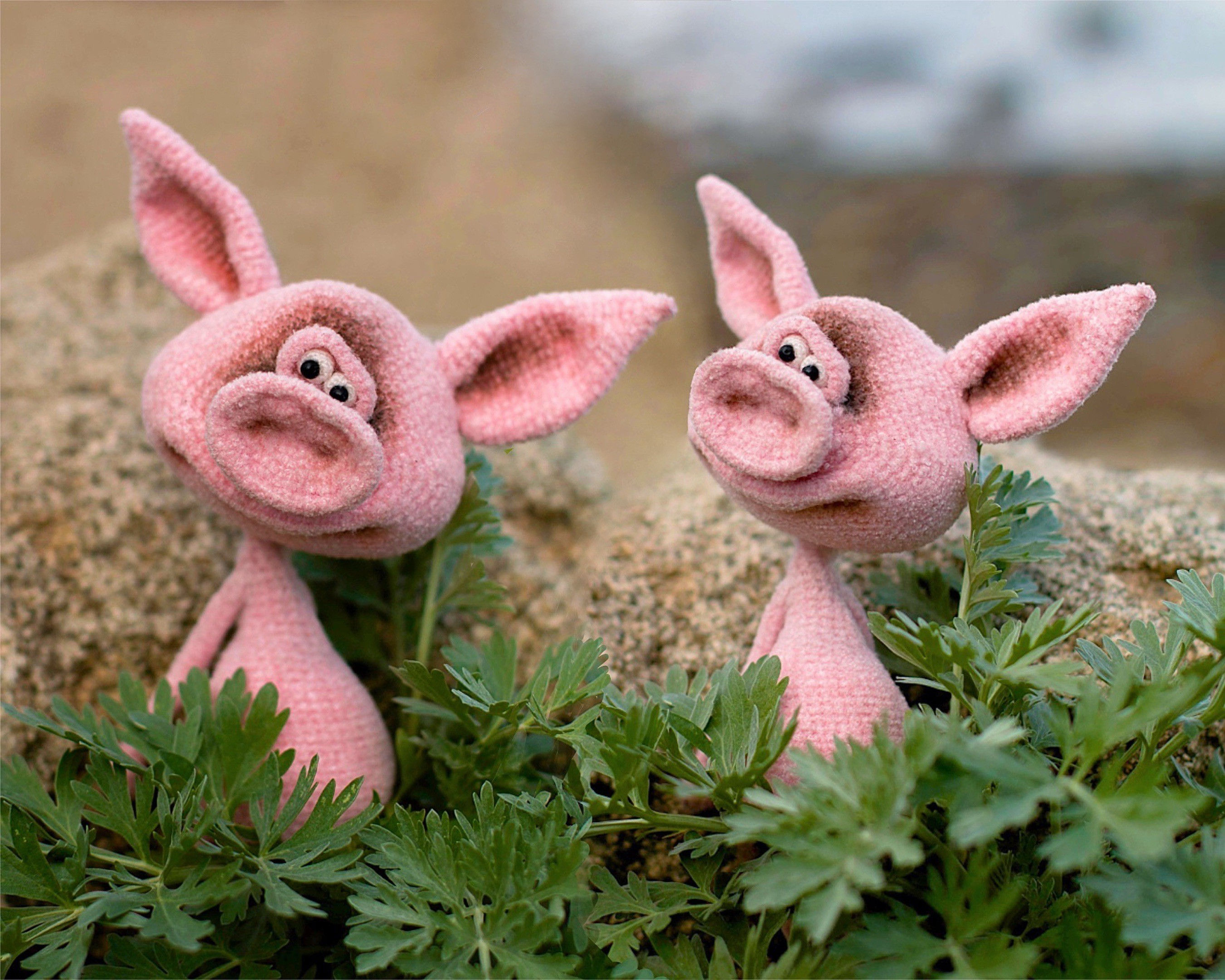 Zwei gehäkelte rosa Ferkel Fima zwischen grünen Blättern