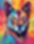 Graphic of a dog painted in Tails University colors, like a watercolor painting background.