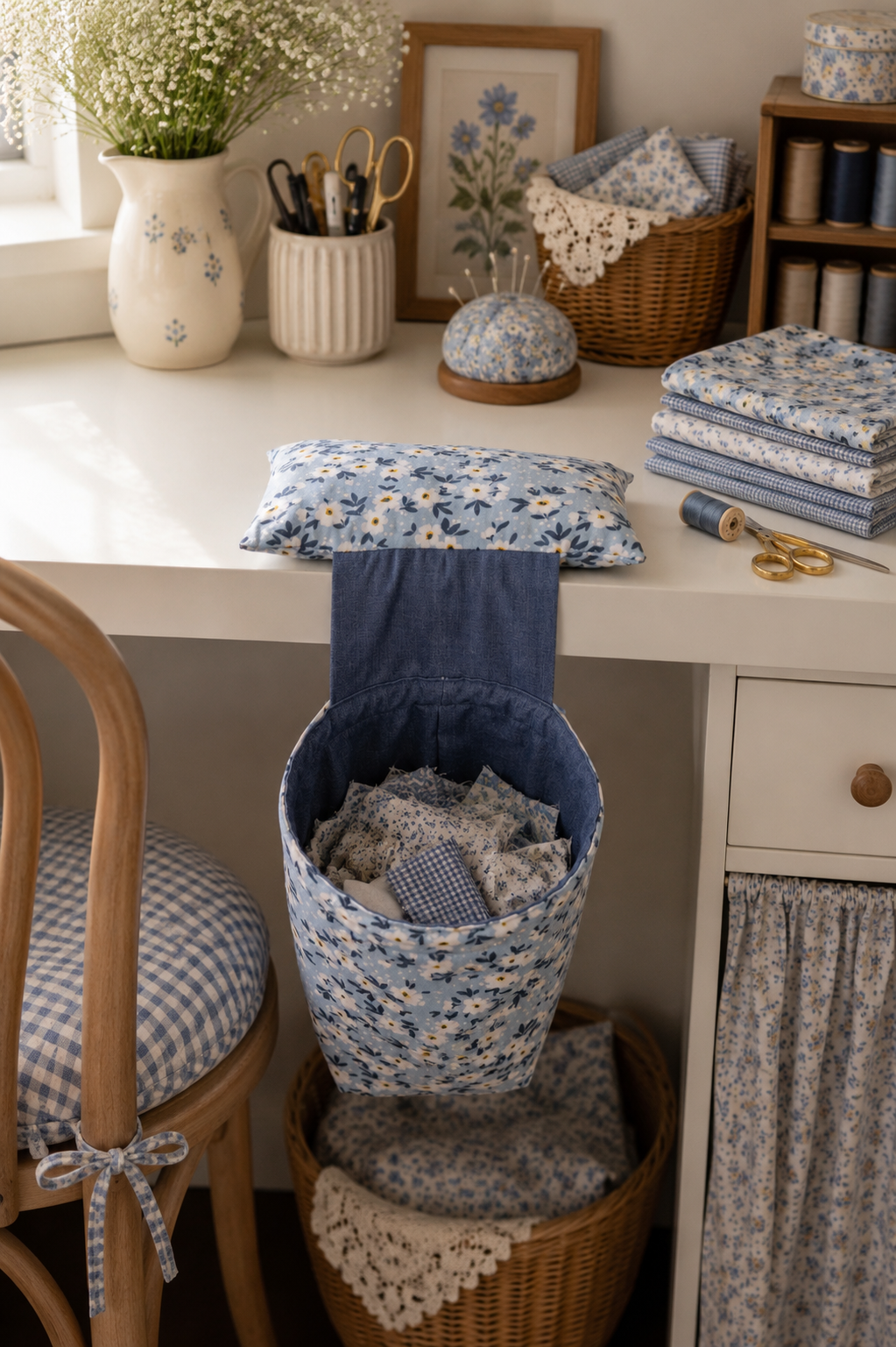Hanging Scrap Bin - Blue Floral