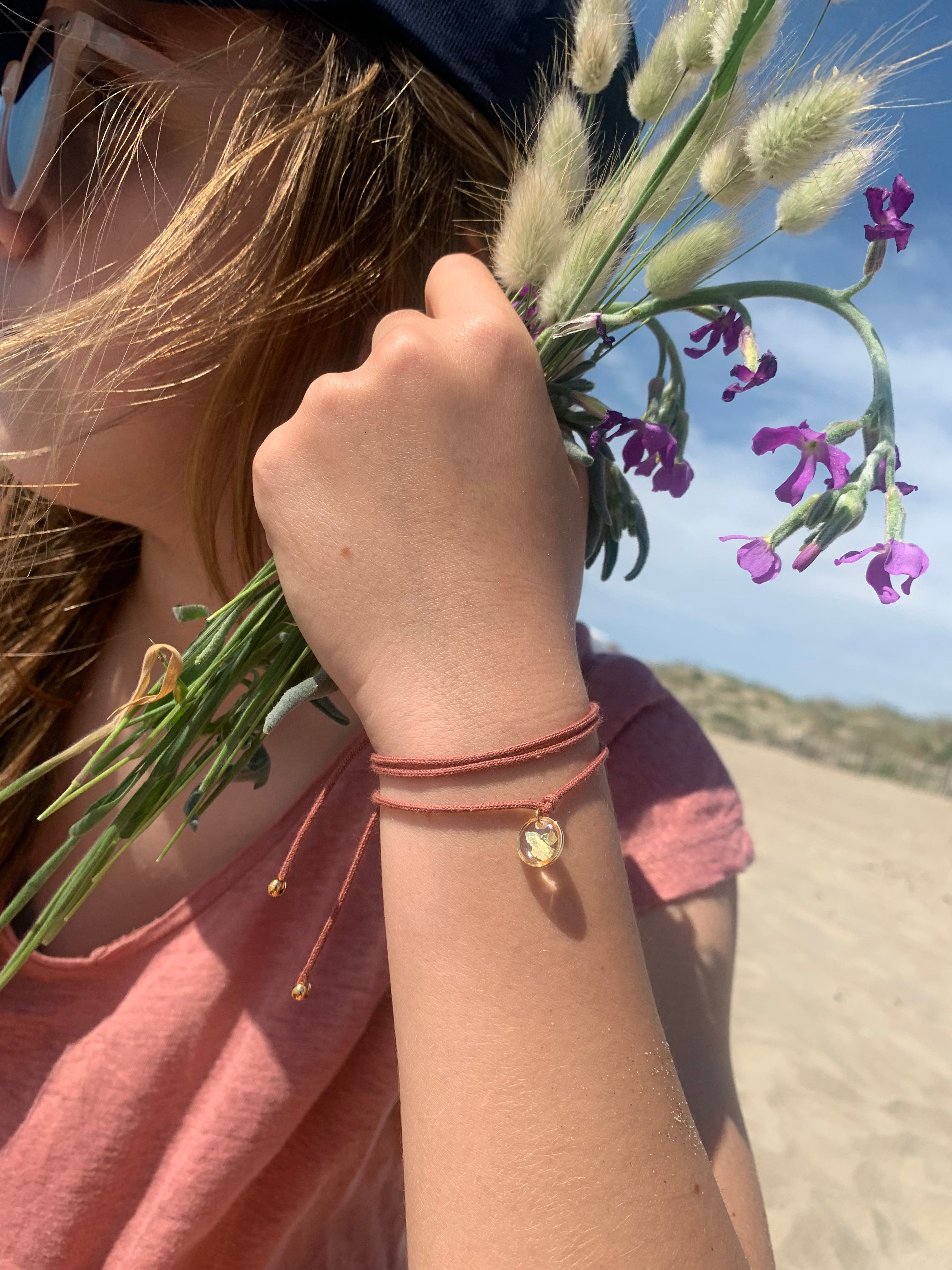 Bracelet à vœux - Feuille d'or - Marron glacé