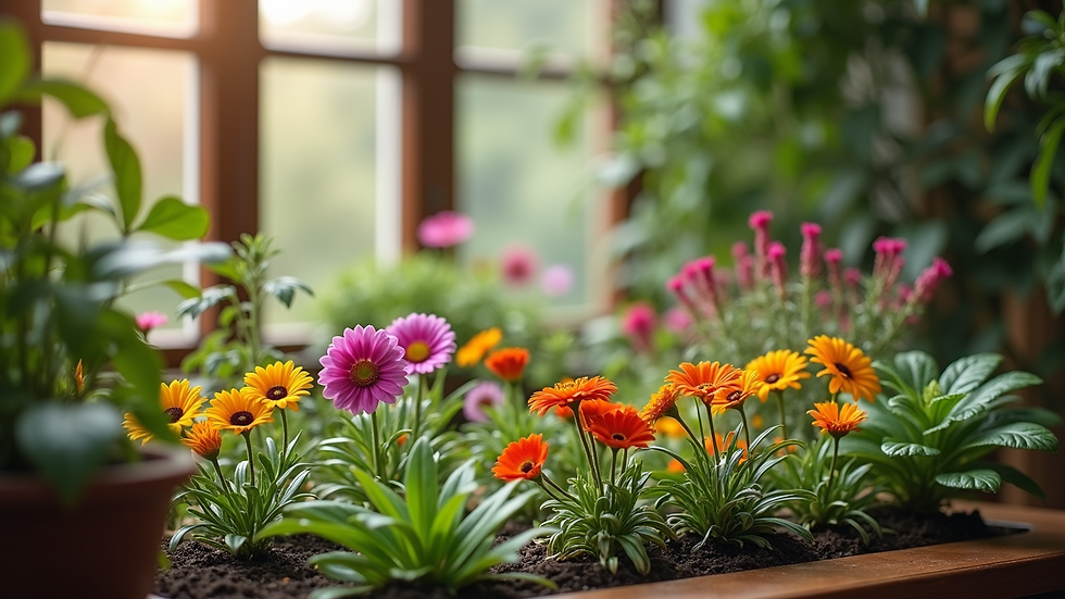 Close-up view of a small indoor garden with colorful flowers and plants
