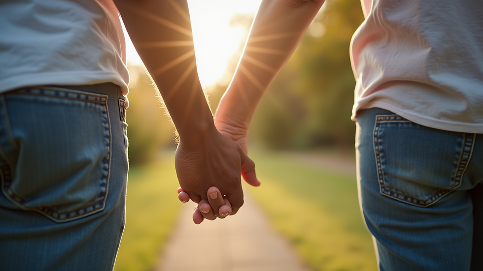 Close-up view of a caregiver holding a senior's hand during a walk