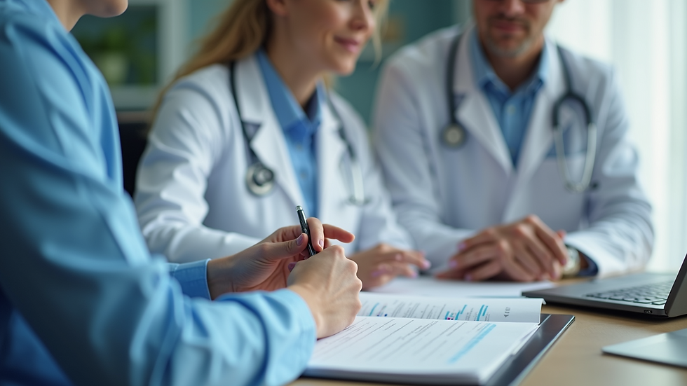 Close-up view of a healthcare advocate reviewing medical records with a patient