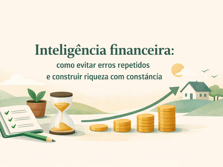 Ilustração sobre inteligência financeira com moedas em crescimento, ampulheta, caderno de planejamento e seta apontando para uma casa, simbolizando constância e construção de riqueza no longo prazo.