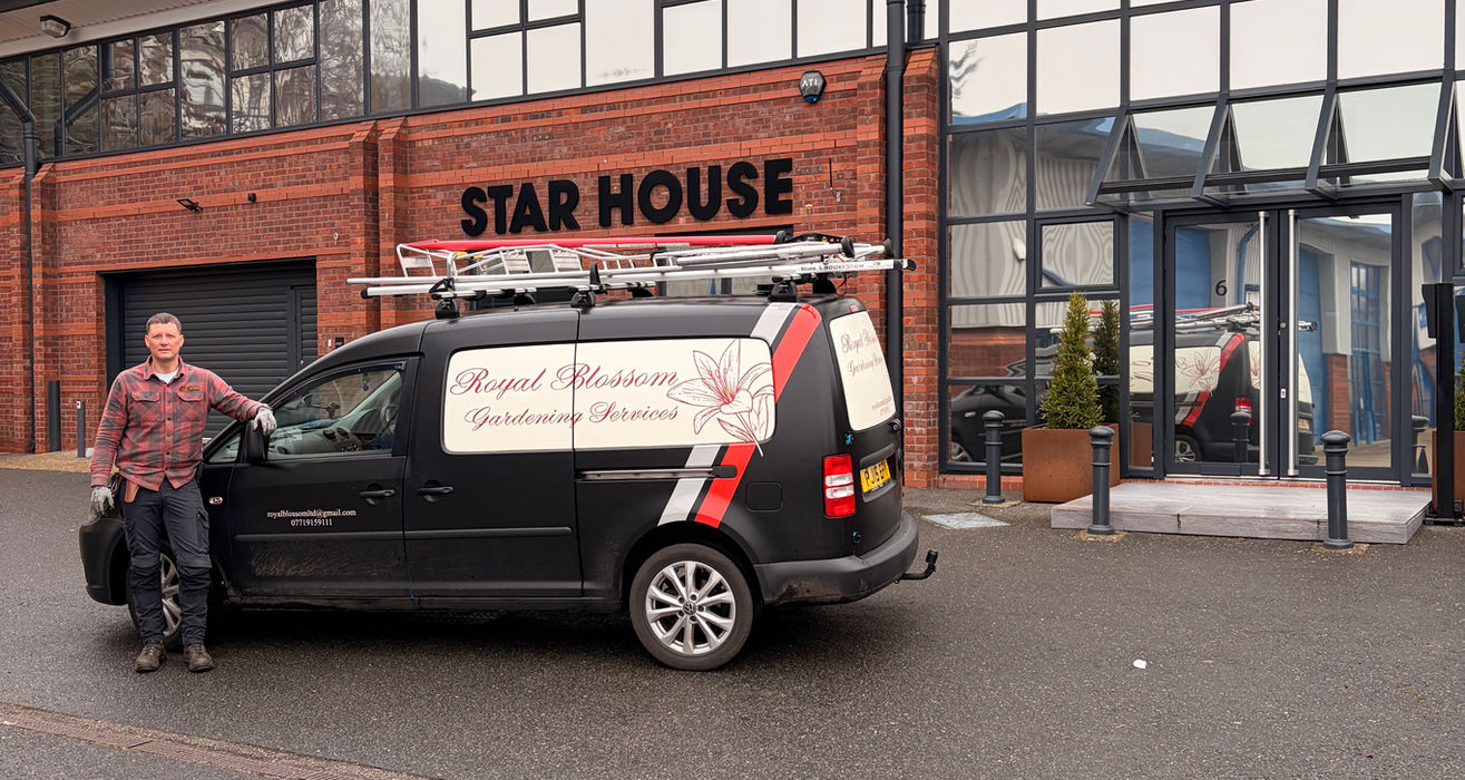 Plumber and his "Expert Plumbing Maintenance Services" van outside "STAR HOUSE".