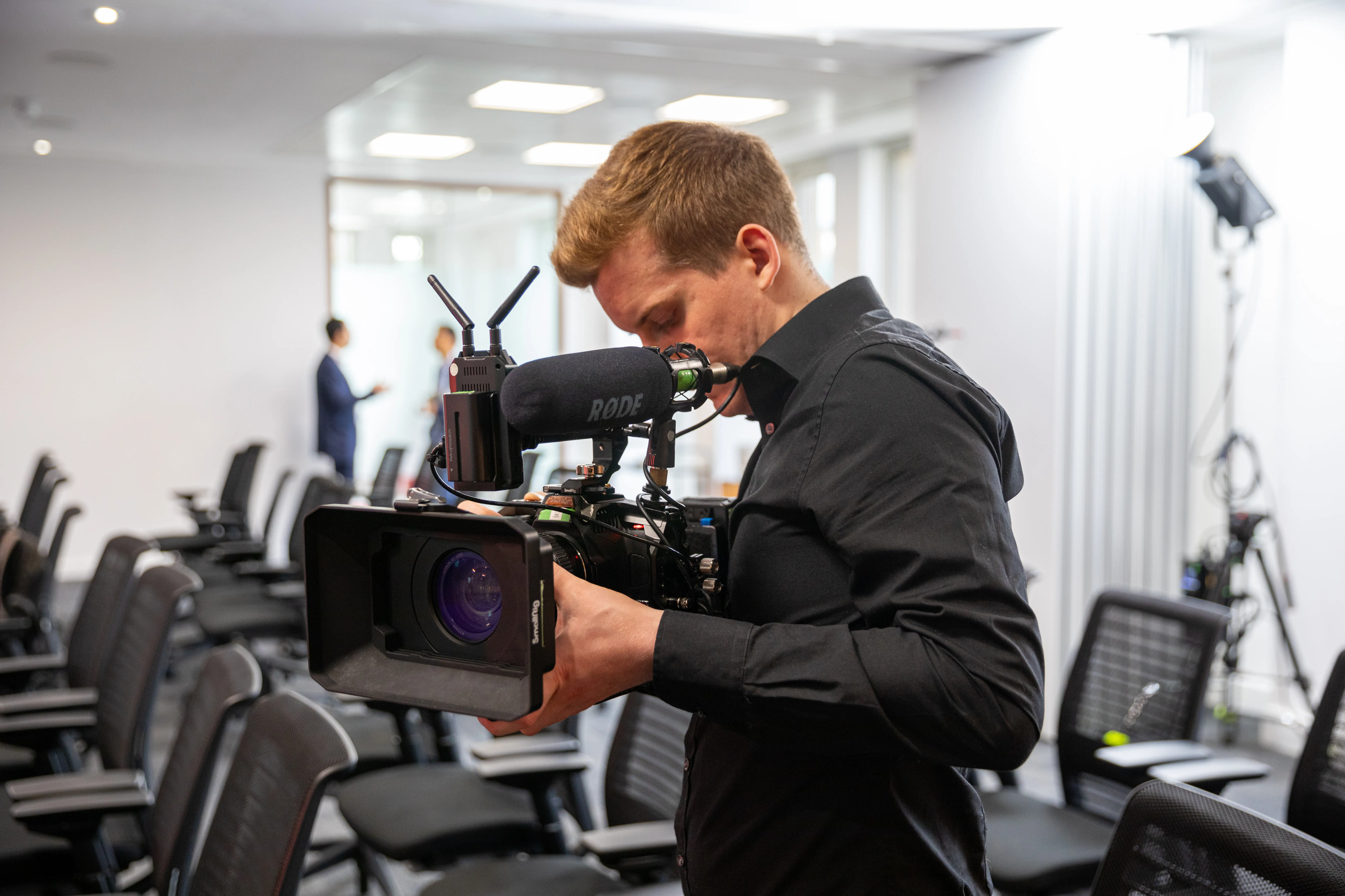 Lamplight Media crew filming the Rakuten Symphony Telecoms Re-invented event at Vintner's Place, City of London
