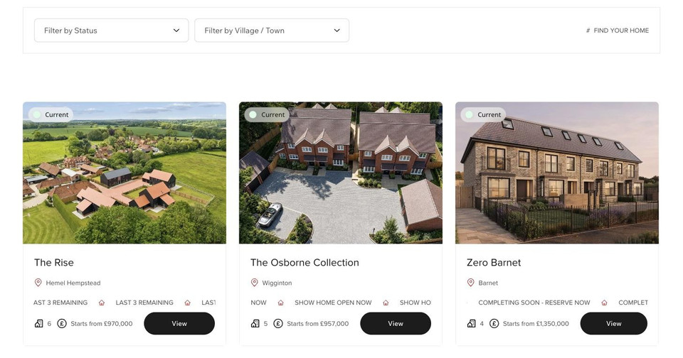 Find a Home page on a property developer website, with status and village filters above CMS-driven development cards for The Rise, The Osborne Collection and Zero Barnet