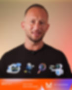 Person smiling in front of a gradient background. Wearing a shirt with robot and microphone graphics. Text: "Certified Web Designer, Matt Konarzewski."