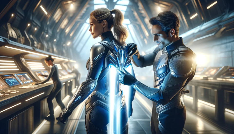 male superhero helping the female superhero install the jetpack