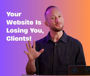A man in a dark shirt gestures with his hand beside bold white text that reads, “Your Website Is Losing You, Clients!” on a purple to orange gradient background.