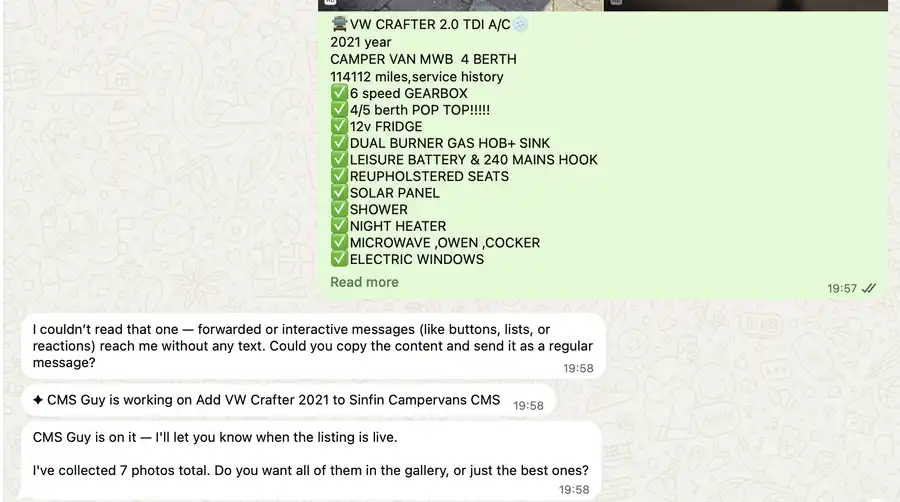 WhatsApp thread with Symphony showing the van advert and CMS Guy picking up the job.