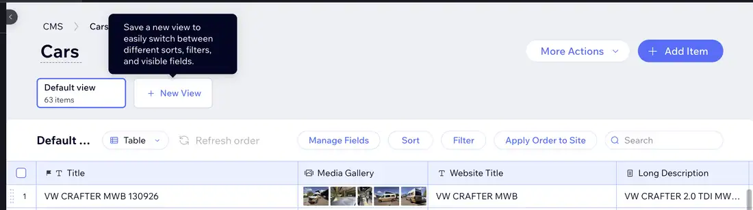 Wix CMS Cars collection showing the VW Crafter listing with its media gallery populated.