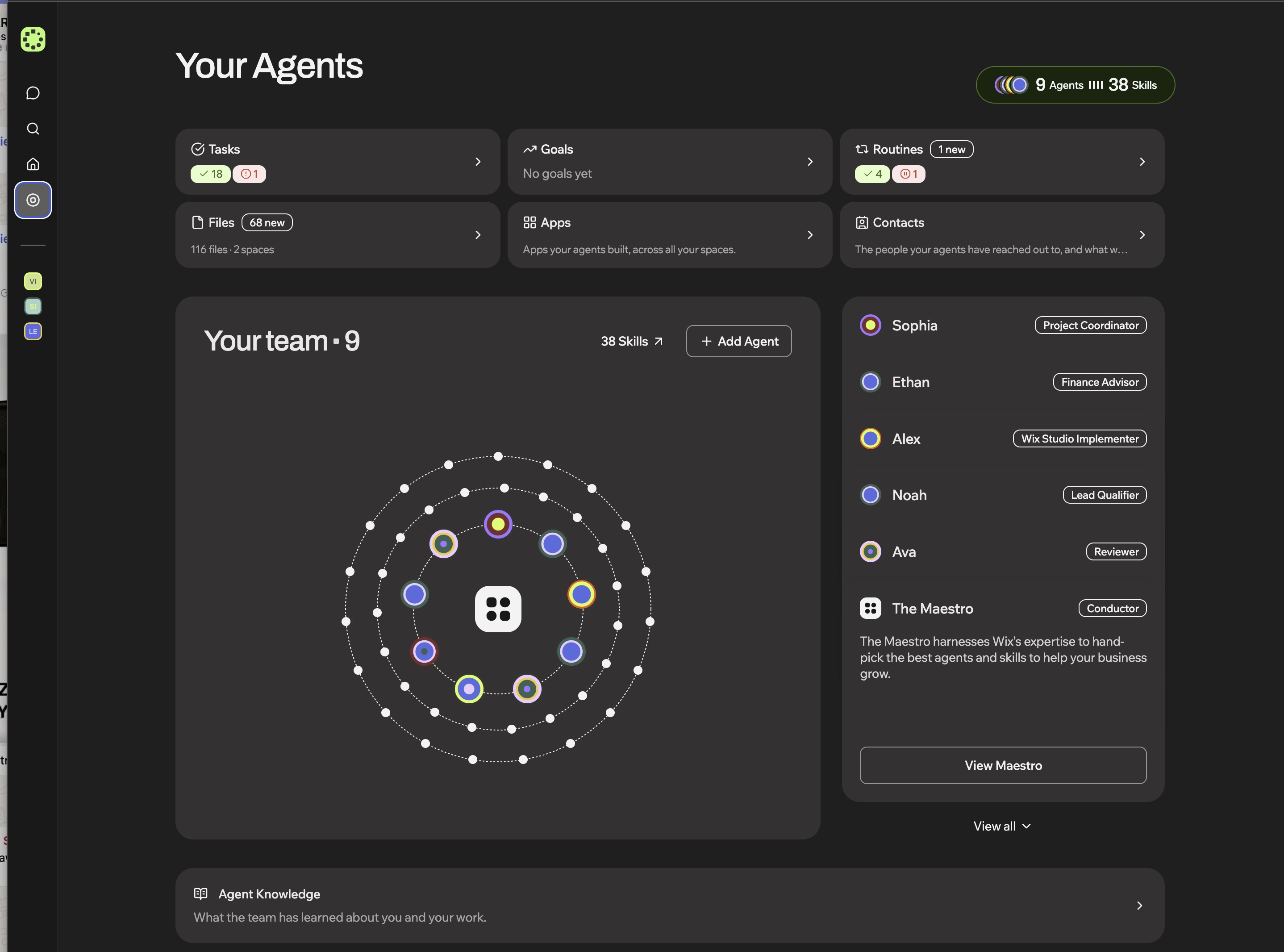Dashboard interface displaying a team of nine agents with assigned roles and skills, visualized as icons in a circular arrangement, on a dark-themed background.