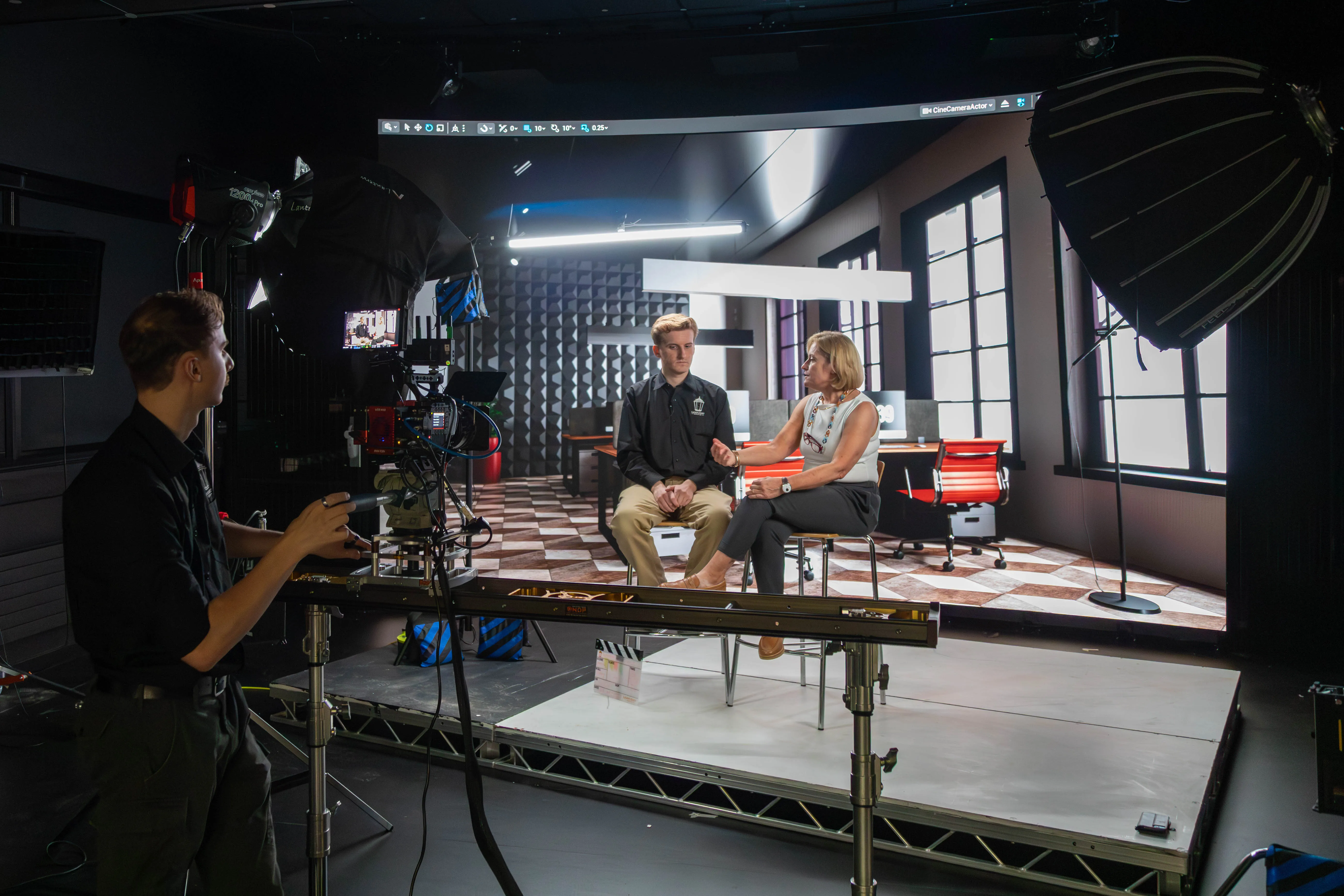 Live subject filmed against a photorealistic 3D environment on the LED wall