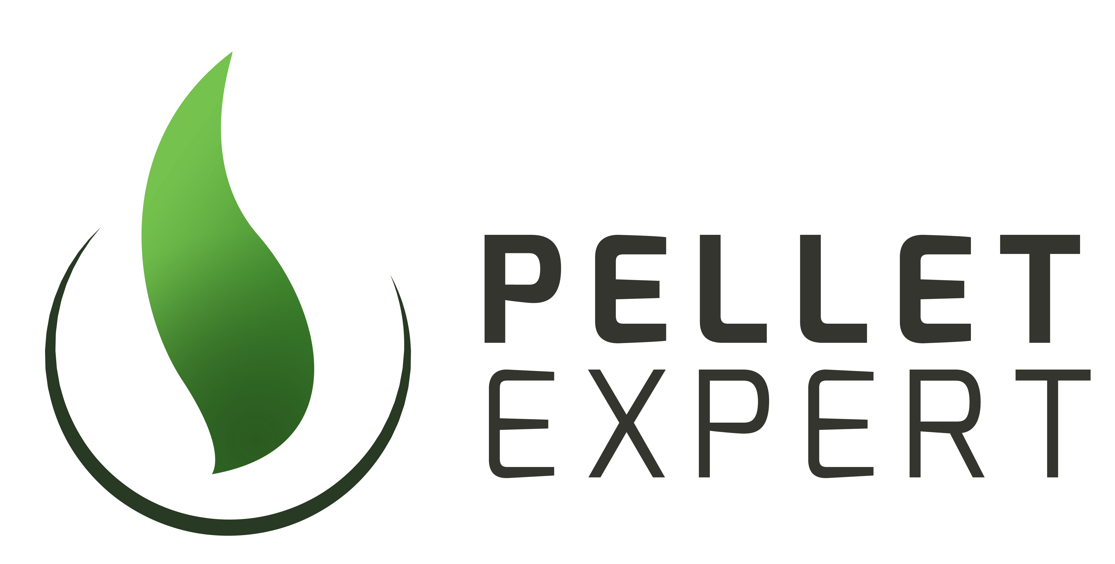 Logo firmy Pellet Expert z zielonym liściem w kształcie płomienia.