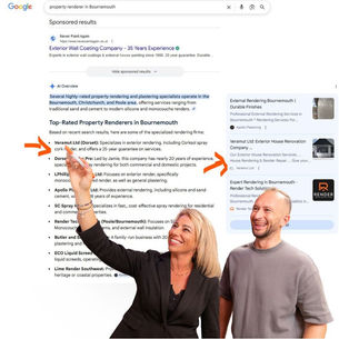 Two people standing and smiling, gesturing towards a Google search results page for "property renderer in Bournemouth" displayed in the background.
